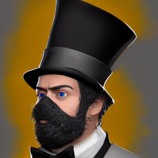 Image similar to a highly detailed portrait of a man in a high top hat covering his face, in a black tailcoat with a yellow waistcoat under the tailcoat, artstation, deviantart, professional, unreal engine 5, photorealistic