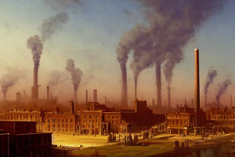 Prompt: large industrial section of a city, lots of smoke, smokestacks, brick buildings, 1 8 0 0 s, matte painting, highly detailed, cinematic lighting, by albert bierstadt, frederic edwin church