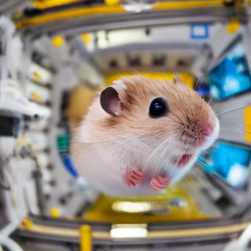 Prompt: a hamster floating inside the international space station, realistic, professional photography, 4 k, sharp lens, focus, depth of field