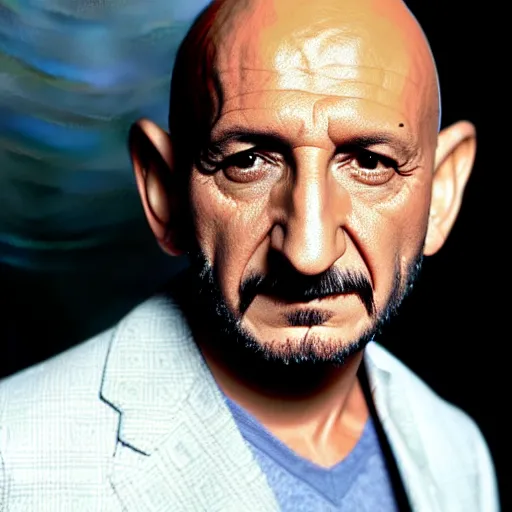 Image similar to ben kingsley's head has the form of an ice cream ball. it is on top of an ice cream cone. colorful ink