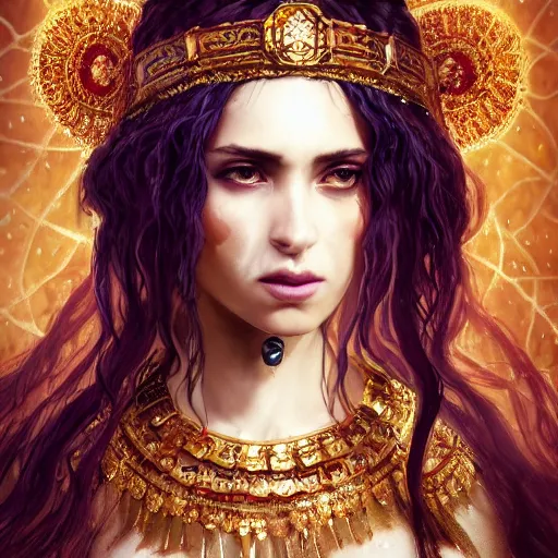 Image similar to character design, medieval, a woman with long dark curly hair and white eyes, she is adorned in jewels, belly dancer, stoic, brown skin, alone dramatic, epic painting, painted by wlop and nixeu, cgsociety, beautiful, semirealism, artbreeder, artstation, volumetric light, octane render, sharpness, 8 k, golden ratio
