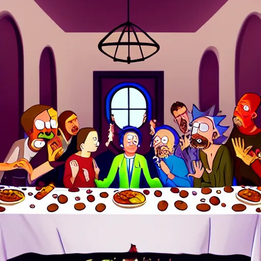 Prompt: Rick and Morty the last supper, renaissance style, classical painting, oil painting, high detail, digital art