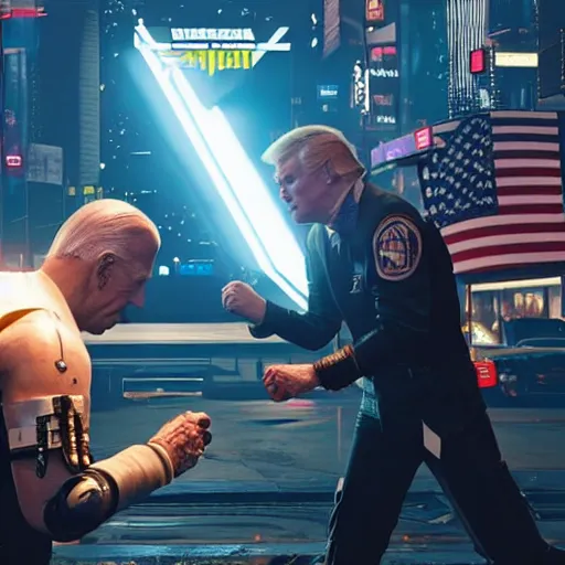 Image similar to a screenshot of joe biden and donald trump fighting in cyberpunk 2 0 7 7, 4 k, highly detailed