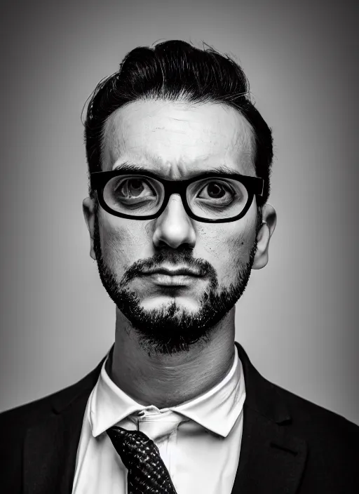 Prompt: black and white profile photo, studio photograph of a male symmetrical handsome andrea belluci wearing glasses the painter artist, anxiety and depression, intricate, elegant, highly detailed, hyper realistic, dark background, flickr, smooth, sharp focus, shot by canon