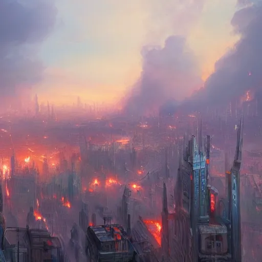 Prompt: A beautiful painting of a fantasy city burning, smoke rising to the skies, detailed image, trending on artstation
