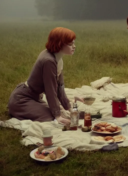 Image similar to emma stone having a picnic with tom holland, faded color film, russian cinema, tarkovsky, kodachrome, old clothing, heavy fog, 4 k, dramatic lighting, greg rutkowski