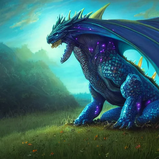 Prompt: beautiful digital fantasy illustration of a closeup giant reptilian blue bioluminescent dragon sitting alone in a meadow, concept art by greg rutowski, anato finnstark, and rebecca guay, highly detailed, soft lighting, rendered in octane