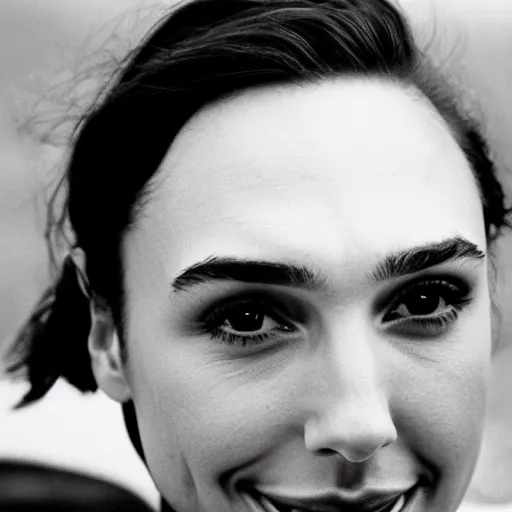 Prompt: photo of Gal Gadot by Diane Arbus, extreme closeup, black and white, high contrast, Rolleiflex, 100mm f/4 lens