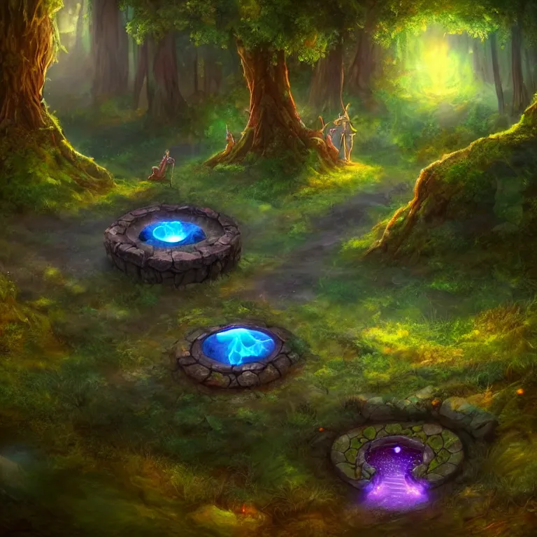 Prompt: Fantasy Magical fairy-tale glowing stone portal in the forest. Round stone portal teleport in trees to other worlds. Fantastic landscape. Magic Altar in the fores, highly detailed, digital painting, artstation