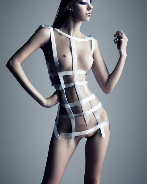 Prompt: fashion model wearing a risque outfit made from tape, female beauty, half body portrait, greg kutkowski, sharp details, soft lighting, subsurface scattering, pearls of sweat, glistening skin, warm lighting