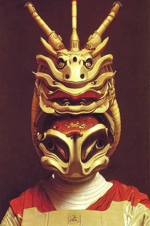 Image similar to a astronaut his face is chinese dragon head, in armor and chinese dragon helmet, by bouguereau