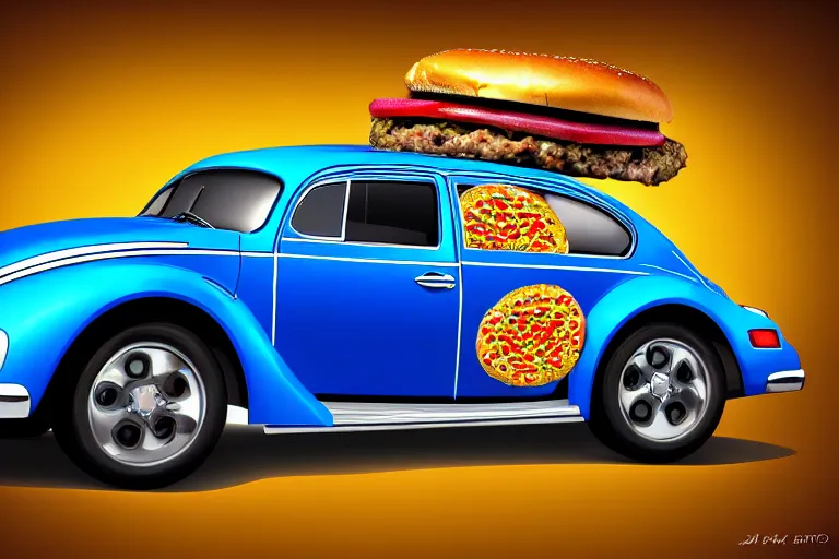 Image similar to a blue beetle car with burgers for wheels, digital art 4 k,