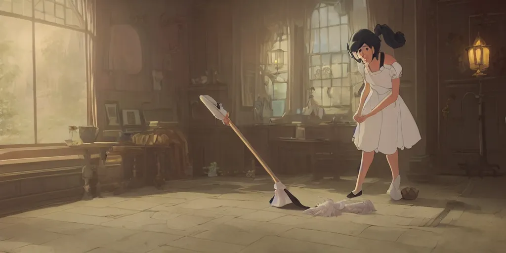 Image similar to animation key shot of a pretty woman with black hair dressed as a maid sweeping the floor in an elegant palace bedroom, studio ghibli, pixar and disney animation, sharp, rendered in unreal engine 5, anime key art by greg rutkowski, bloom, dramatic lighting