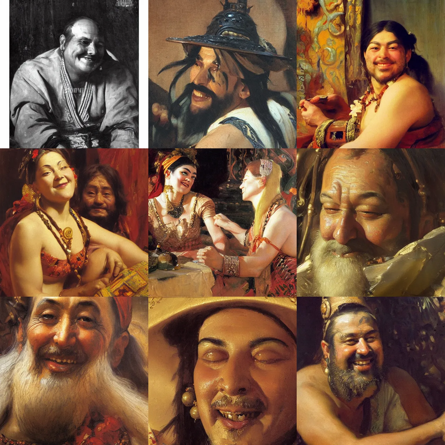 Prompt: orientalism painting of a smug smiling drunkard face detail by theodore ralli and nasreddine dinet and anders zorn and edwin longsden long, bronze age, sword and sorcery, oil on canvas, masterful intricate artwork, excellent lighting, high detail 8 k