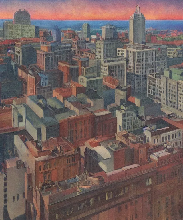 Image similar to horrifying full color photorealistic painting of the view from a 1 9 2 5 hotel terrace balcony overlooking a warped view of downtown boston in 1 9 2 5 with a cosmic sky, dark, atmospheric, brooding, smooth, finely detailed, cinematic, epic, in the style of paul carrick