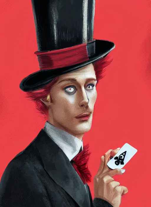 Image similar to a highly detailed illustration of stylish top hat wearing red haired attractive man, wearing suit vest, flashy pose, playing card background, intricate, elegant, highly detailed, centered, digital painting, artstation, concept art, smooth, sharp focus, league of legends concept art, WLOP