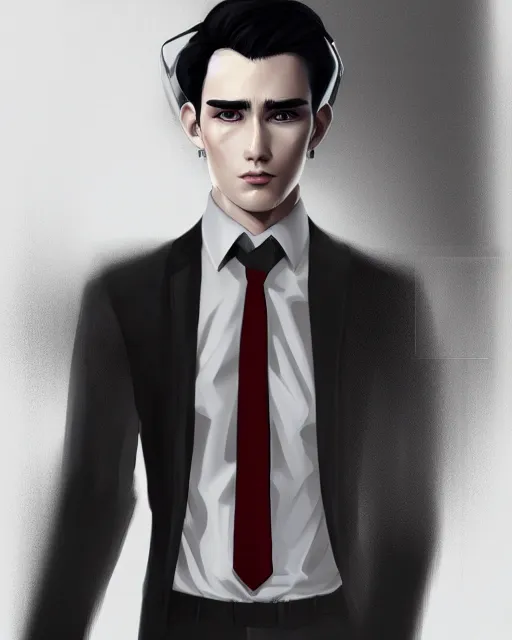 Image similar to detailed portrait Young Adult Male in business suit. Cyberpunk style, corporate styled pure black hair, Pale skin, blank facial expression, Simple professional fitting suit, illustrated by Nai_ Ga Artstation Perfect face, fine details, realistic shaded,