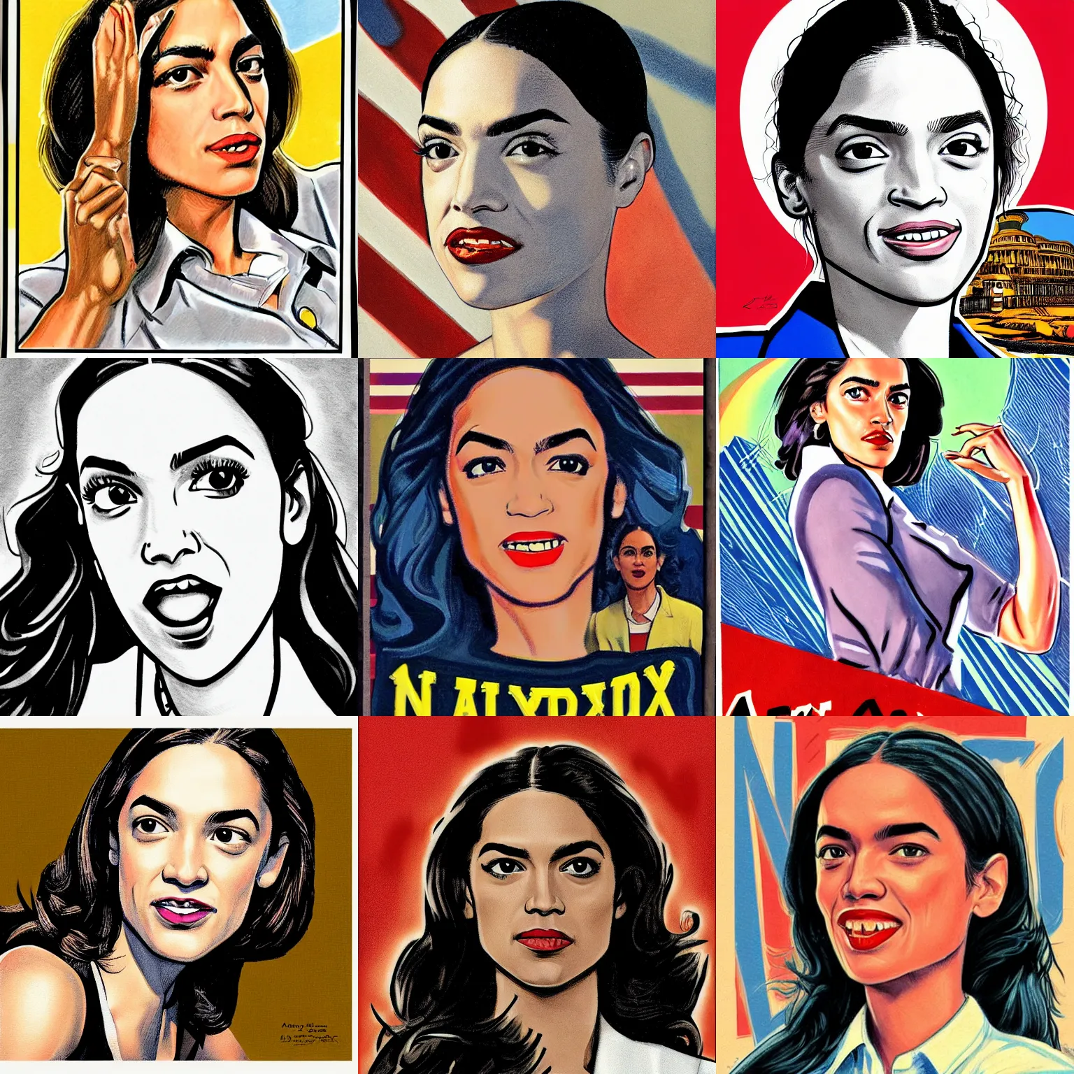 Prompt: alexandria ocasio - cortez done in the art style of reynold brown, vintage art