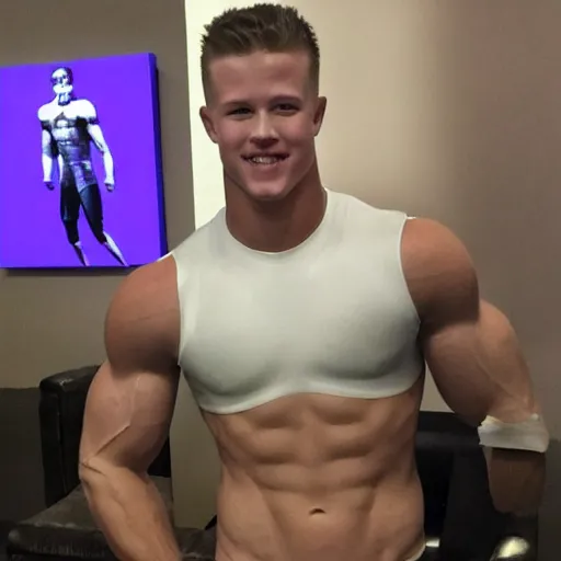 Image similar to a realistic detailed photo of a guy who is an attractive humanoid who is half robot and half humanoid, who is a male android, football player christian mccaffrey, shiny skin, posing like a statue, blank stare, in a living room, on display, showing off his muscles