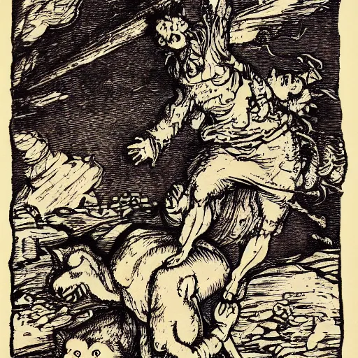 Prompt: Garfield falling from heaven after his banishment, dramatic lighting, woodcut, by Albrecht Durer, by Gustav Dore, trending on artstation