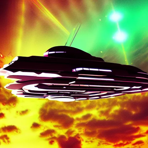 Prompt: ultra detailed sci fi spaceship flying in the sky under rain, bloom, contrasted lights