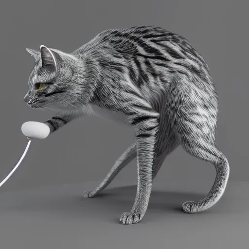Image similar to 3d quicksilver metal cat standing with mouse in mouth, octane render, cinematic lighting, dynamic, high detail, mirror texture, artstation, silver highlights