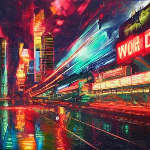 Image similar to world war in the year of 2 0 7 0!!!!!!!!!!, ( ( futuristic technologies, neon lights ) ), oil painting, highly detailed