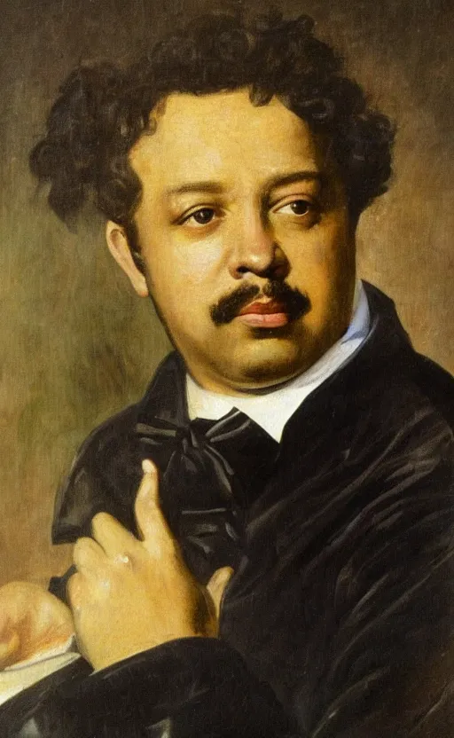 Image similar to Portrait of Alexandre Dumas, oil on canvas, highly detailed, by Delacroix, 8k