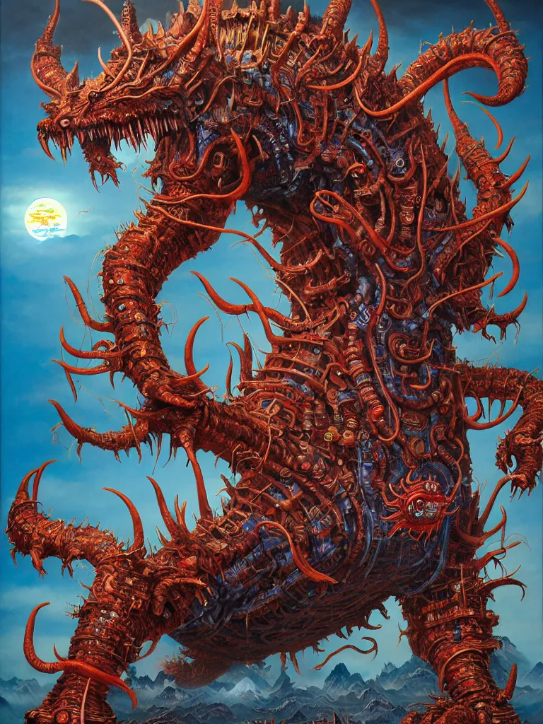 Image similar to realistic detailed image of Technological Nightmare Abomination Monster God by Hou Yimin, Dan Howard, Allan Houser, Alice Hunt and Peter Hurd, Neo-Pagan, rich deep colors. Painting by Byun Shi Ji and Jiang Feng masterpiece