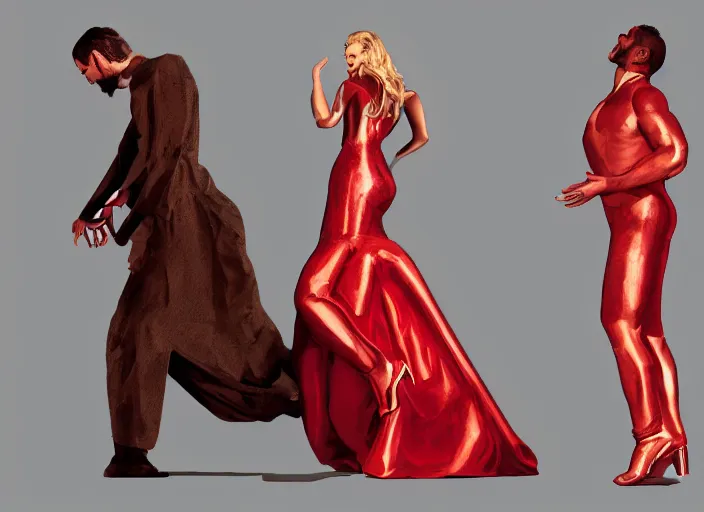 Prompt: couple, man and woman in pose of couple vol 2 photo reference pack for artists, spirit hugs, gold trim, atmoshperic, elegant, sharp focus, red sun, huge lips, poses by satine zillah, environment by hw 6 5 2 3, art by ilya ozornin, artstation, intricate details, concept art