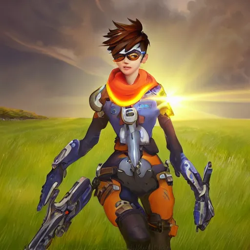 Prompt: oil painting of tracer from the game overwatch, standing in grassy field, smiling while the sun shines down, light rays,