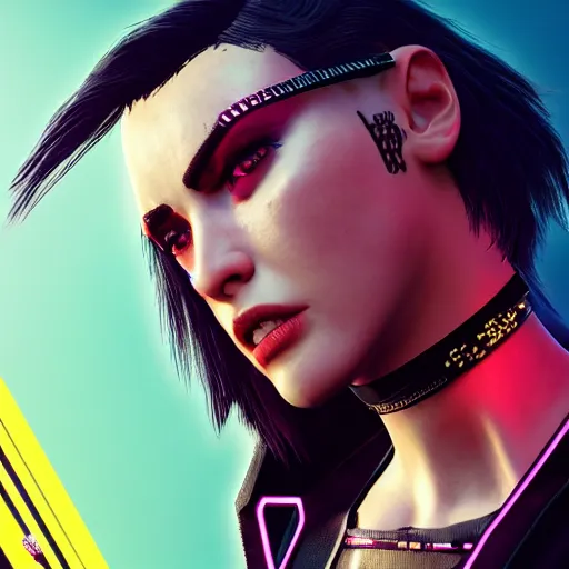 Image similar to female V from Cyberpunk 2077 wearing spiked choker, collar, choker, punk, collar, 4K, realistic, spiked collar, portrait, art, beautiful,