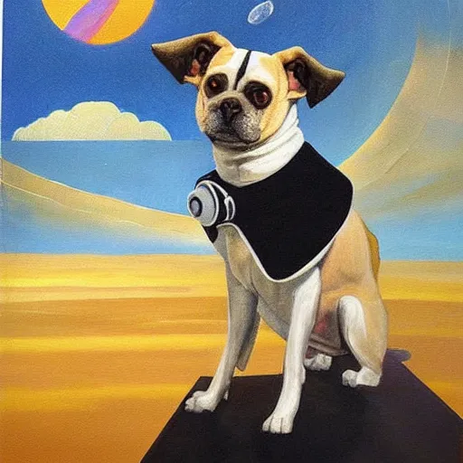 Image similar to a beautiful painting, dog in a space suite, by vladimir mayakovsky, long shot