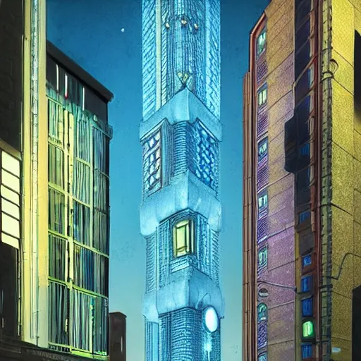 Image similar to glowing sci-fi building in a pleasant urban setting in style of Hiroshi Yoshida