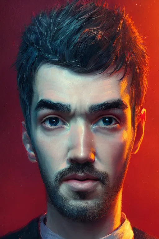 Prompt: a fancy portrait of Seán William McLoughlin, jacksepticeye by Greg Rutkowski, Sung Choi, Mitchell Mohrhauser, Maciej Kuciara, Johnson Ting, Maxim Verehin, Peter Konig, 8k photorealistic, cinematic lighting, HD, high details, atmospheric,