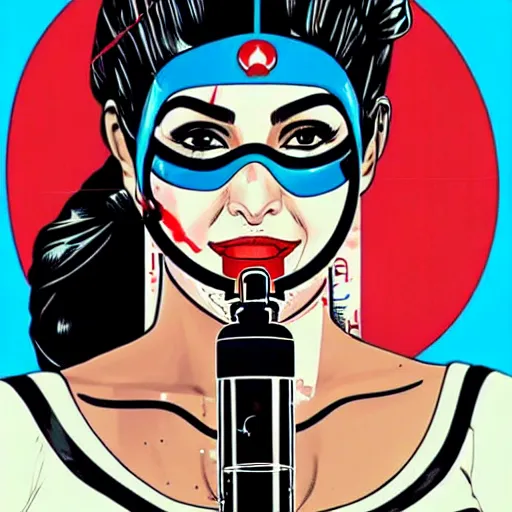 Image similar to a profile photo of a egyptian woman with a diving oxygen mask with side profile blood in ocean intricate details by MARVEL comics and Sandra Chevrier-C