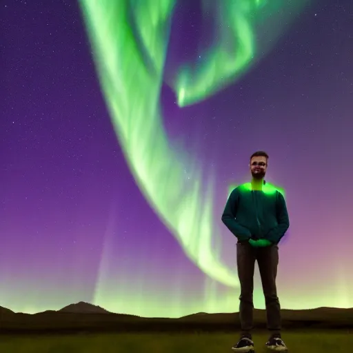 Image similar to Man with stars in his skin, Eyes made of green auroras, standing next to Creator of the universe