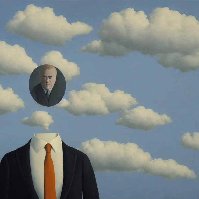 Prompt: portrait of a faceless shadow - head man in a suit, clouds in the background, by rene magritte, detailed painting, distance, middle centered, hd, hq, high resolution, high detail, 4 k, 8 k