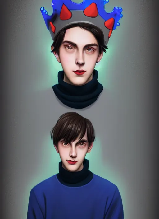 Image similar to portrait of teenage jughead jones wearing a light grey crown, crown, blue turtleneck, 1 9 5 0 s, closed eyes, photorealistic, black hair, glowing lighting, intricate, elegant, glowing lights, highly detailed, digital painting, artstation, concept art, smooth, sharp focus, illustration, art by wlop, mars ravelo and greg rutkowski