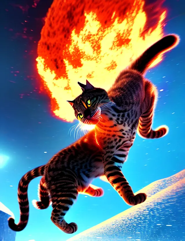 Prompt: a giant fire kitty jumping over frozen planet in a space, trending on artstation, cinematic composition, beautiful lighting, hyper detailed, 8 k, oil on canvas