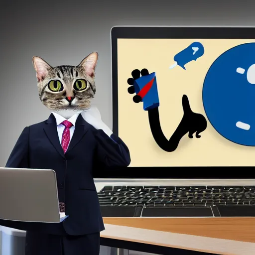 Image similar to photo of an anthropomorphic cat wearing a business suit using a computer in an office