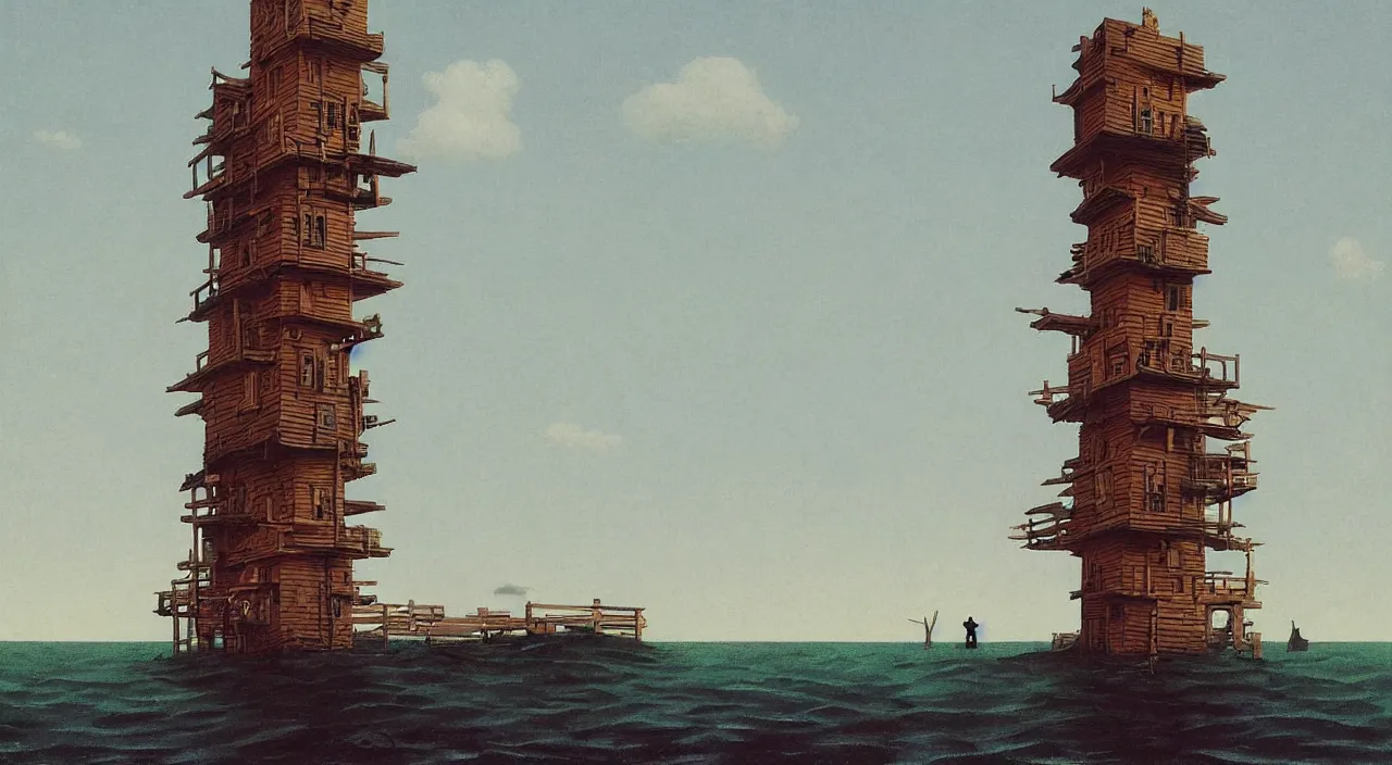 Image similar to single flooded simple wooden tower, very coherent and colorful high contrast!! masterpiece by rene magritte simon stalenhag carl spitzweg syd mead norman rockwell edward hopper james gilleard, minimalist, dark shadows, sunny day, hard lighting