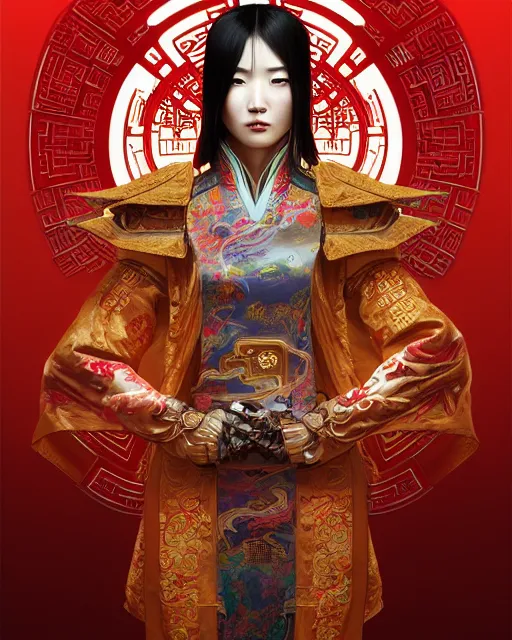 Prompt: portrait of a chinese cyberpunk machine, machine face, robed, upper half portrait, decorated with chinese opera motifs regal asian machine robot cyberpunk fine china, wuxia, traditional chinese art intricate intense elegant highly detailed digital painting artstation concept art smooth sharp focus illustration, art by artgerm and greg rutkowski alphonse mucha 8 k