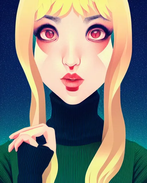 Image similar to digital illustration of pretty girl sa rina with shoulder length blonde hair wearing a sweater, from alice in wonderland, smoking, at night, by ilya kuvshinov, lois van baarle, rossdraws, basquiat