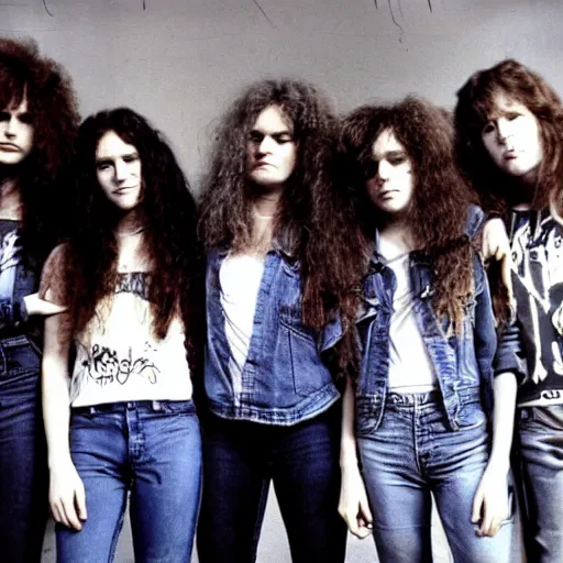 Image similar to group of 1 9 - year - old girls with shaggy wavy hair, wearing double denim, heavy metal band promo, thrash metal band promo, heavy rock band promo photo, 1 9 8 7 photo