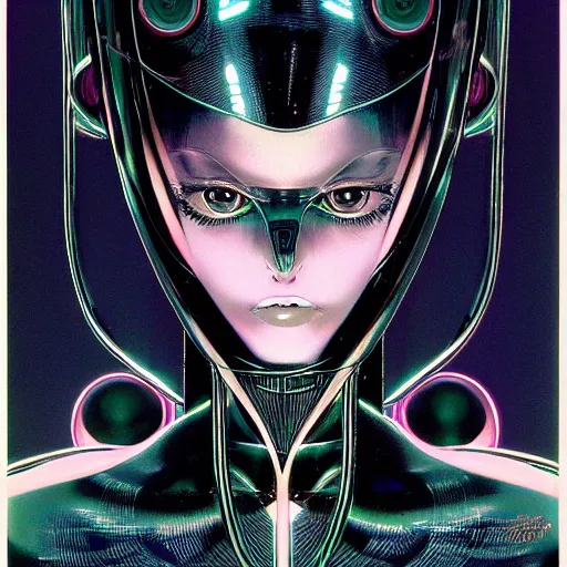 Image similar to portrait closeup of black reflective glossy dark beautiful woman robot, sensual pose, symmetrical, by yoichi hatakenaka, masamune shirow, josan gonzales and dan mumford, ayami kojima, takato yamamoto, barclay shaw, karol bak, yukito kishiro, moebius