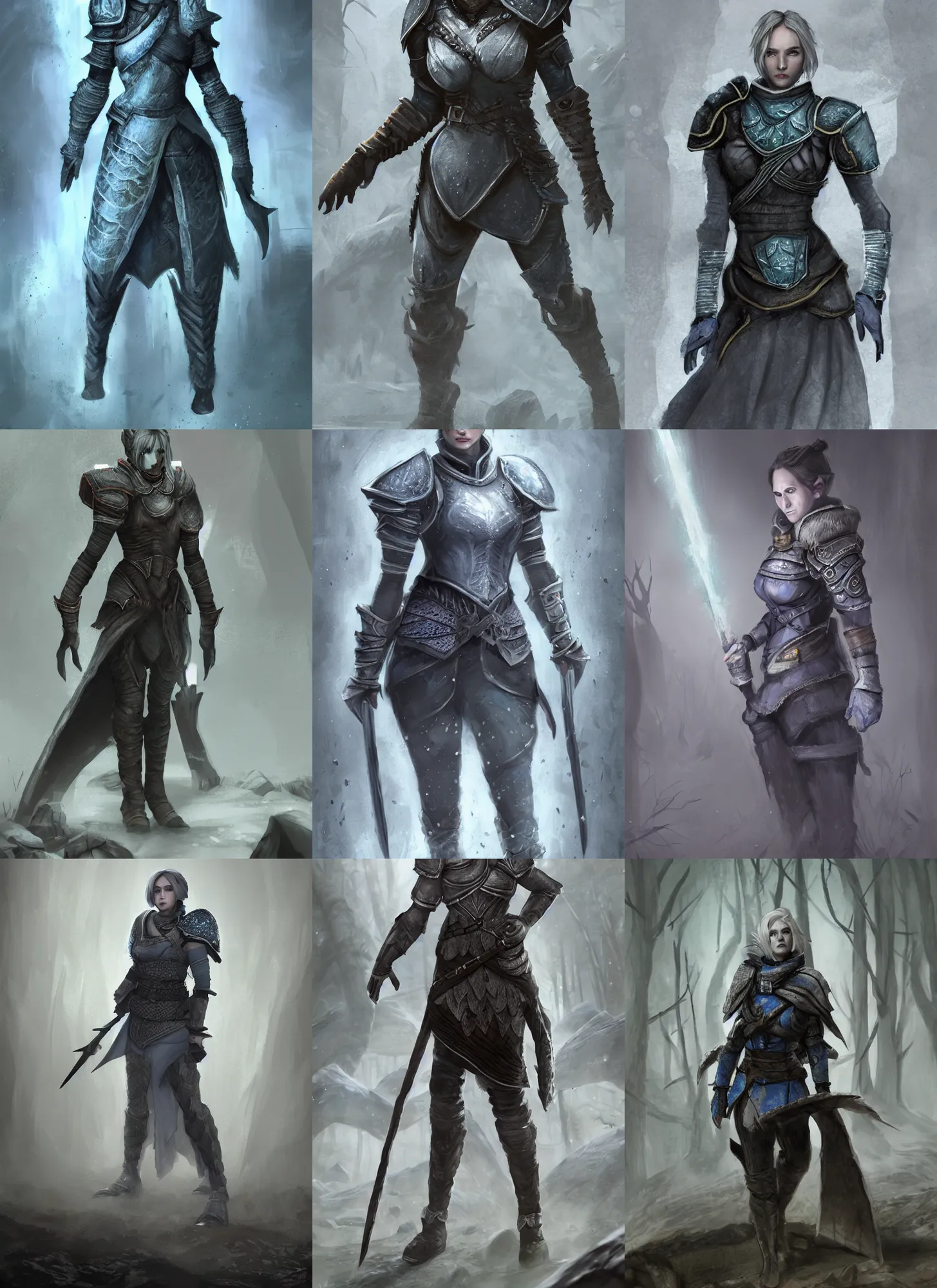 Prompt: full body character portrait of a female grey warden from dragon age walking through muddy underground dwarven ruins wearing grey warden clothes, dragon age concept art, dragon age concept art, blue and grey color scheme, illustration, digital painting, matte painting, realistic lighting, with a realistically proportioned face, glowing eyes, photorealistic eyes, good value control, realistic shading