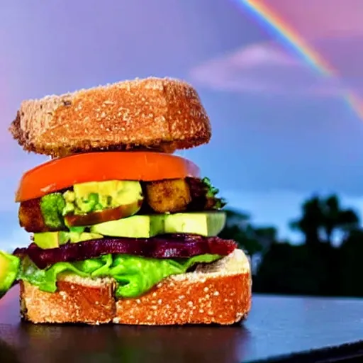 Image similar to sandwich with fried tofu, one tomato slice, one onion ring, avocado, melted cheddar, over a dish that is over a table, with a sunset and rainbow in the background with saturn and stars in the sky