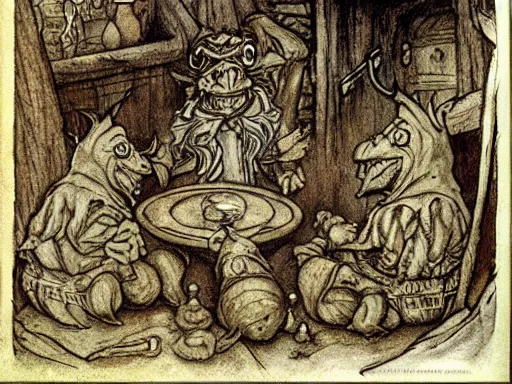 Image similar to goblins in a tavern by arthur rackham and by Tony DiTerlizzi and by brian froud, trending on artstation, detailed