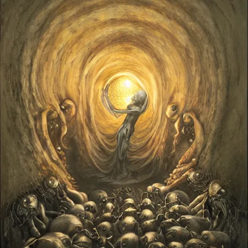 Image similar to a photorealistic painting of a cenobite opening a portal to hell by Santiago Caruso,